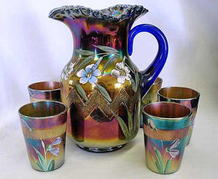 (Enameled) Columbine water set, blue. Northwood
