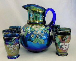 (Enameled) Cherries & Little Flowers 7 pc. water set, blue, Northwood