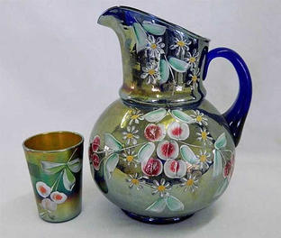 (Enameled) Cherries & Little Flowers 7 pc. water set, blue, red cherries, Northwood