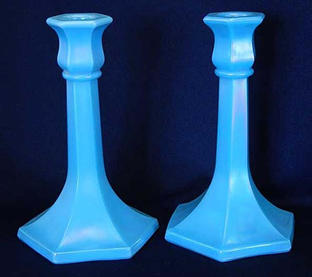 Number 658 trumpet 7" candlesticks, jade blue, feint iridescence