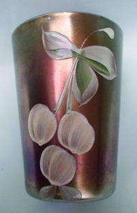 (Enameled) Cherries tumbler, blue, Northwood