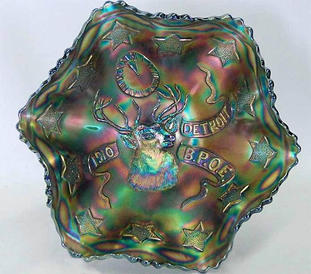 FENTON, 1910 Detroit BPOE Elks ruffled bowl - blue