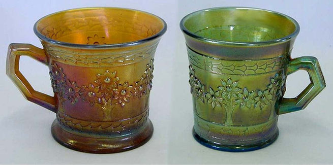 Orange Tree mugs shaving and standard size in amber and aqua