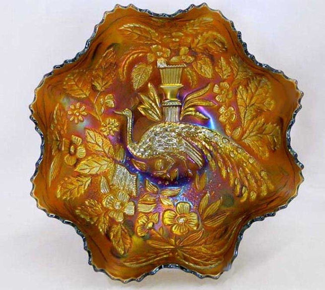 Peacock and Urn ruffled bowl, amethyst