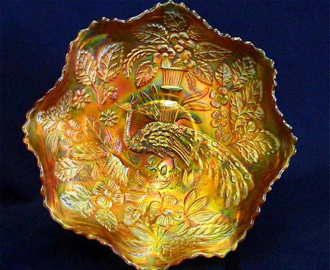 Peacock and Urn ruffled bowl - marigold