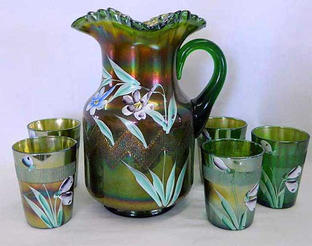 (Enameled) Columbine water set, green. Northwood