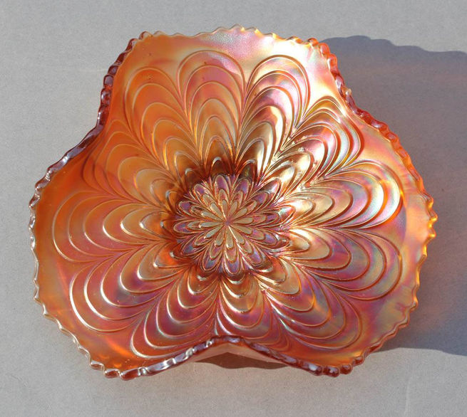 Peacock tail, tri cornered bowl, marigold