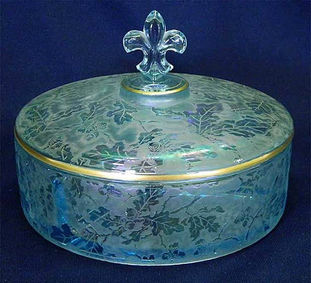 Brocaded Acorns divided covered bowl, ice blue,by Fostoria