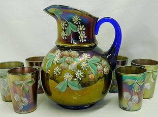 (Enameled) Cherries & Little Flowers 7 pc. water set, blue, Northwood