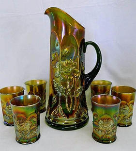 Oriental Poppy 7pc. tankard water set, green