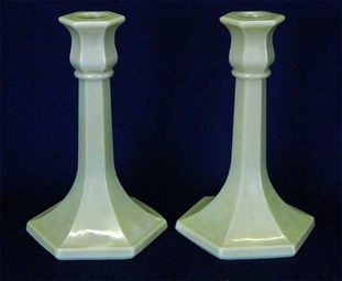 Number 658 trumpet 7" candlesticks, iridised custard