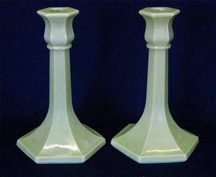Number 658 trumpet 7" candlesticks, iridised custard