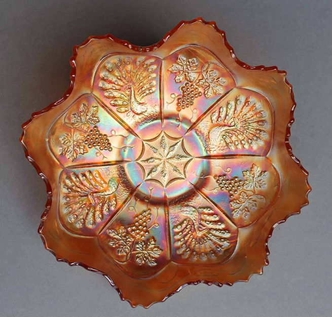 Peacock and Grape ruffled bowl, marigold