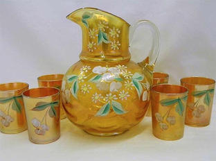 (Enameled) Cherries & Little Flowers 7 pc. water set, marigold, Northwood