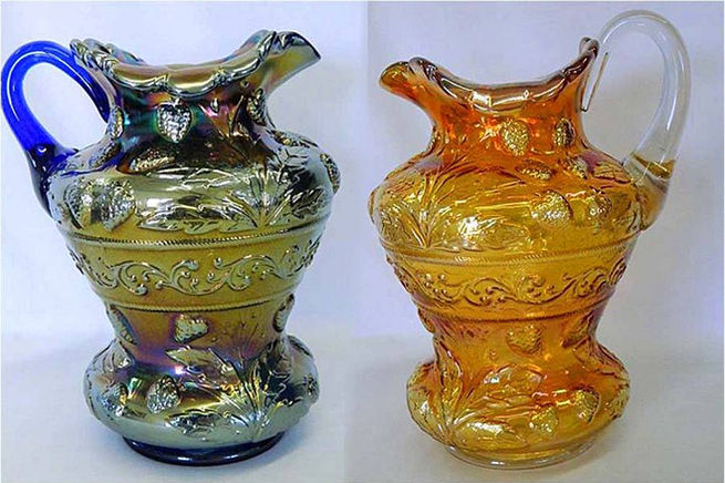 Strawberry Scroll water pitchers, blue and marigold