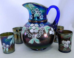 (Enameled) Cherries & Little Flowers 7 pc. water set, blue, Northwood