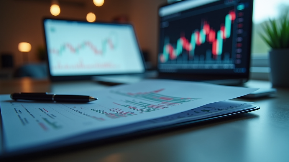 Eye-level view of a laptop displaying financial charts on a desk