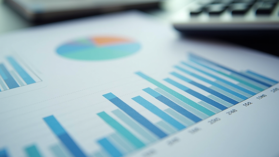 Close-up view of financial reports and charts on a desk with a calculator