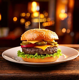 Firefly beefburger on plate in english pub blurred background 87410.jpg