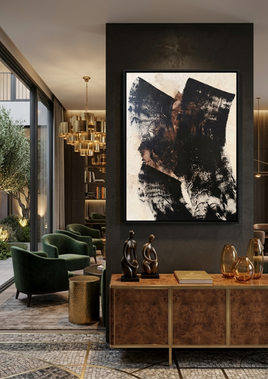 toile artistique noire, crème et sépia dans un hotel de luxe