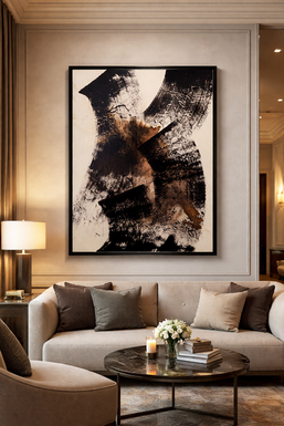 toile artistique noire, crème et sépia dans un hôtel