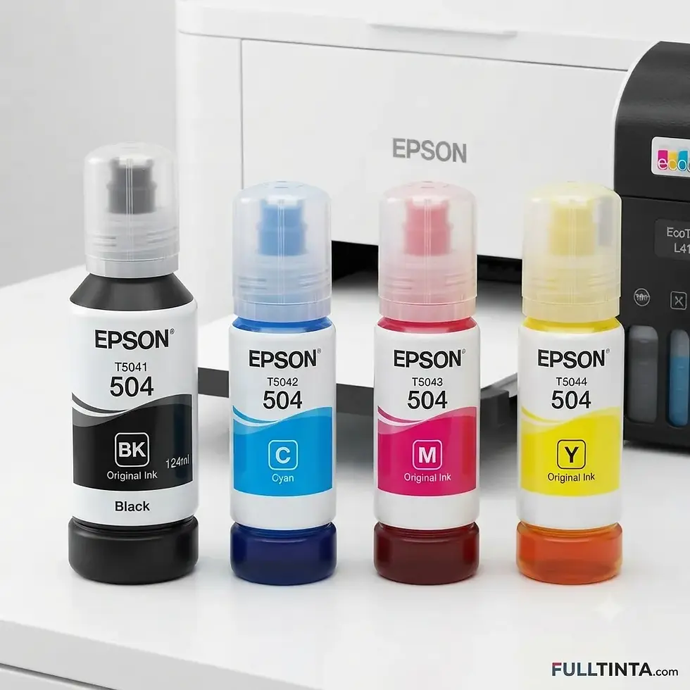 Botellas de tinta Epson 504 original con botella negra de 124ml y colores de 70ml junto a impresora EcoTank