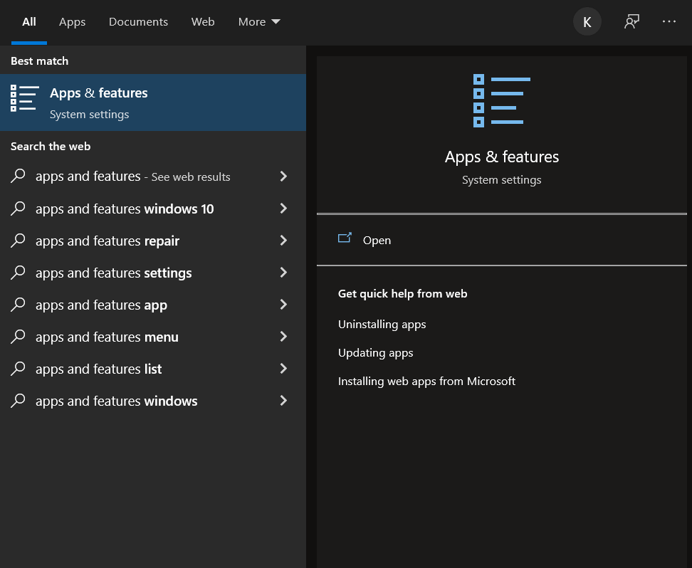 apps and features in windows 10