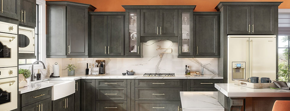 Modern kitchen with gray cabinets, marble countertops, and a cream fridge. Copper faucet, neatly arranged jars, and mugs on a tray. Warm ambiance.