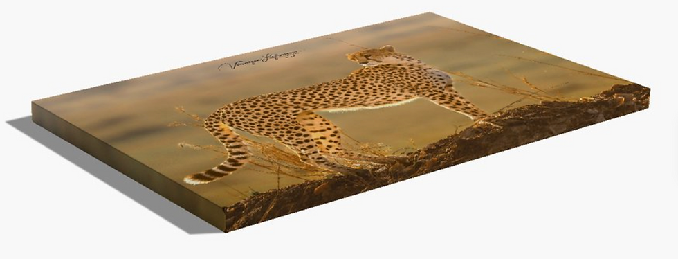 Guépard sur plaque de bois, signée Wolfgang Amade, regardant à droite.