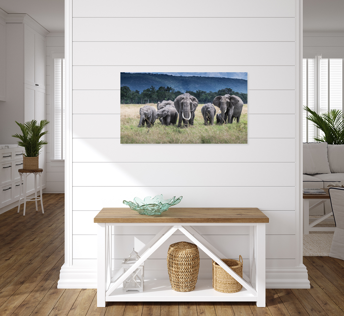 Famille d'éléphants dans un champ herbeux sous un ciel orageux.