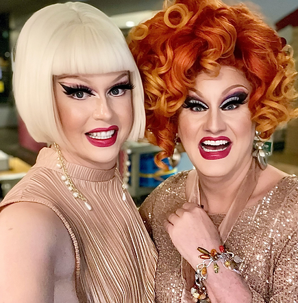 Atlanta drag queens Olive and Agatha performing Queer Quiz trivia at Red's Beer Garden, near Summerhill and Grant Park.
