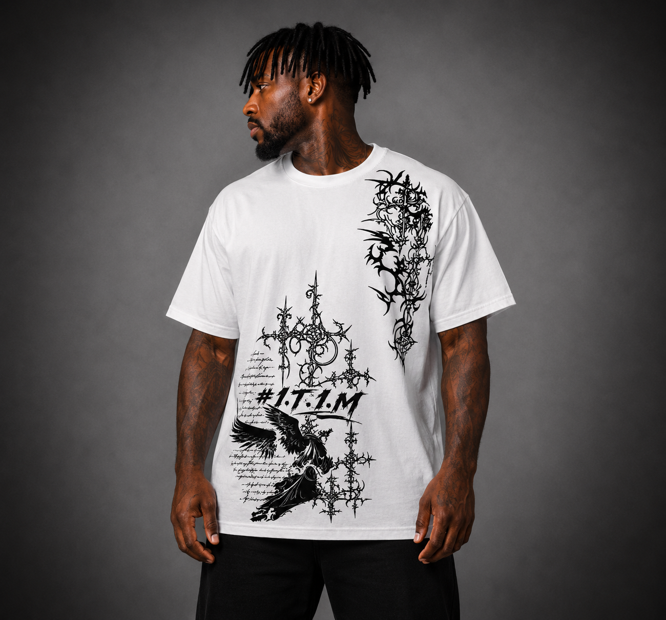 #1.T.1.M Cross Tee — Black Cross & Angel