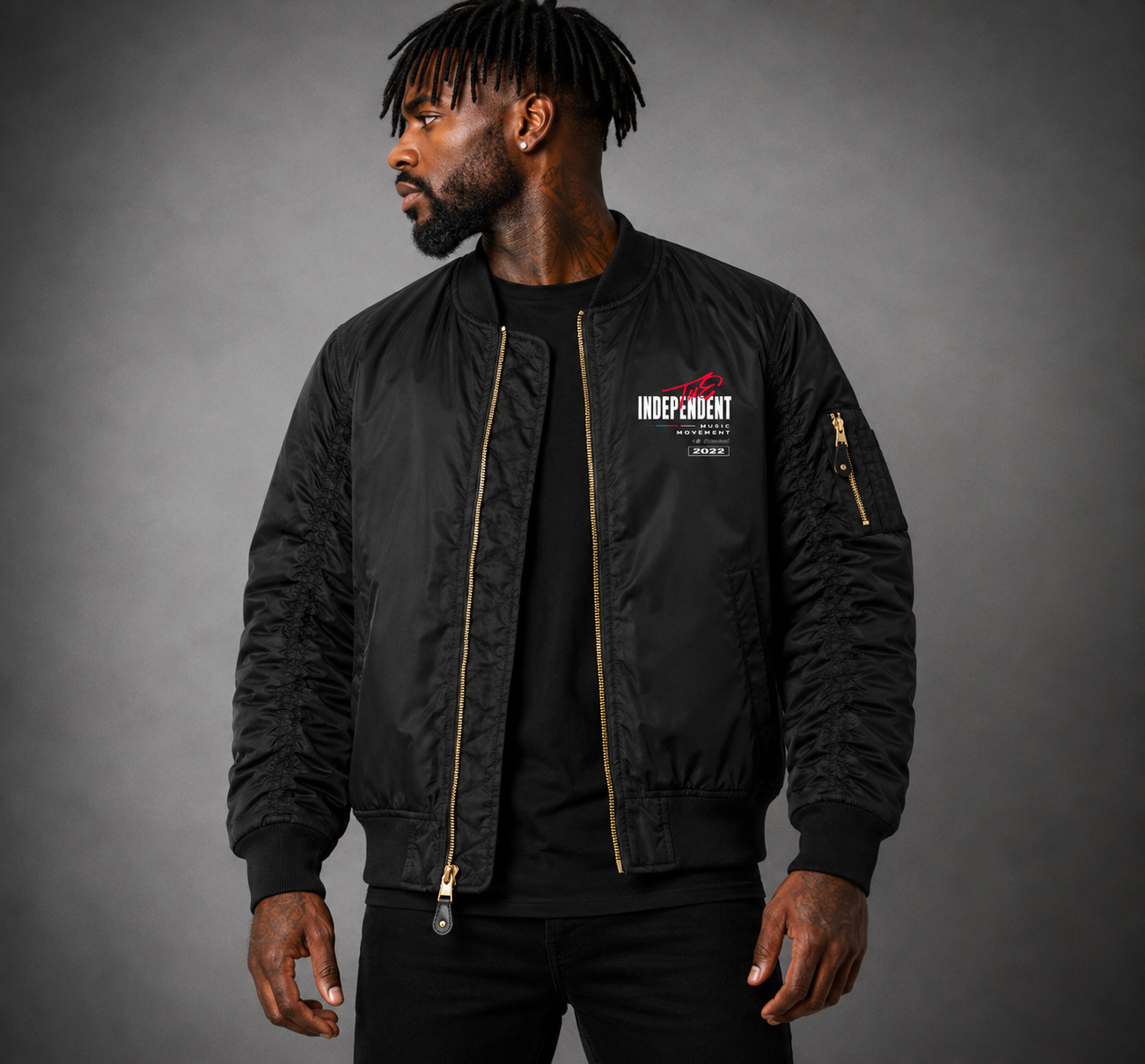 Independent Music Movement Bomber Jacket | Small Chest Emblem, Front Zipper