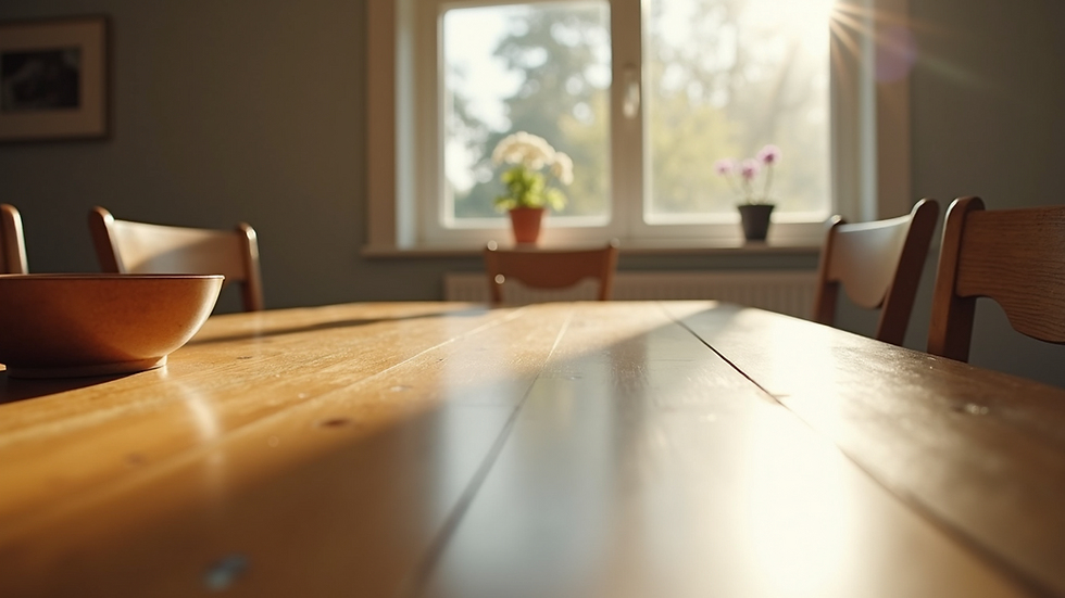 Eye level view of wooden dining table with natural light