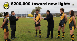 (Pictured left to right) - Lani Watson, Member for Monaro John Barilaro, Josh Bryce, NSW Minister for Sport Stuart Ayers, Jono Bowyer and Carly Res tossed the ball around after an announcement of funding for an upgrade of the lights at Allinsure Park.
