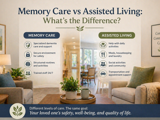 A warm, welcoming senior living setting showing the comparison between memory care and assisted living, designed to help families understand the right level of care for aging loved ones.