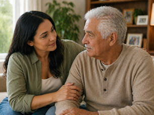 An adult daughter sits closely beside her aging father on a couch, gently holding his arm while listening with care in a warm, softly lit living room, creating a calm and supportive moment.