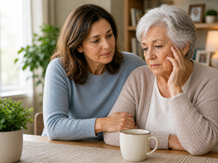 An adult daughter sits beside her aging mother at a kitchen table, gently holding her arm while listening with care as the mother looks thoughtful and slightly concerned in a calm, softly lit home.