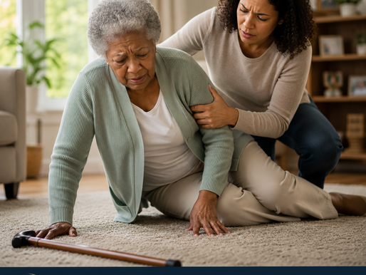 An older woman sits on the floor after a fall while a concerned caregiver kneels beside her offering support in a warm home setting, highlighting senior fall risks and safety concerns.