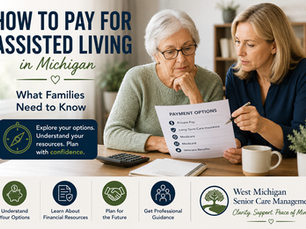 An older woman and her adult daughter sit together reviewing assisted living payment options, financial documents, and care planning information. The image highlights common ways families pay for assisted living in Michigan, including private pay, long-term care insurance, Medicare, Medicaid, and veterans benefits.