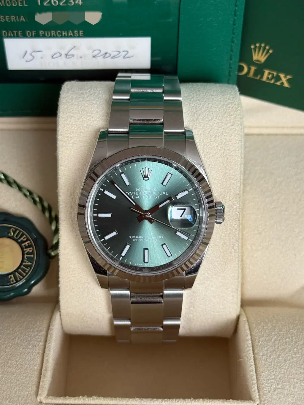 Rolex Datejust 36mm 126234 Fluted Mint Green Dial Oyster Box & Papers 2024