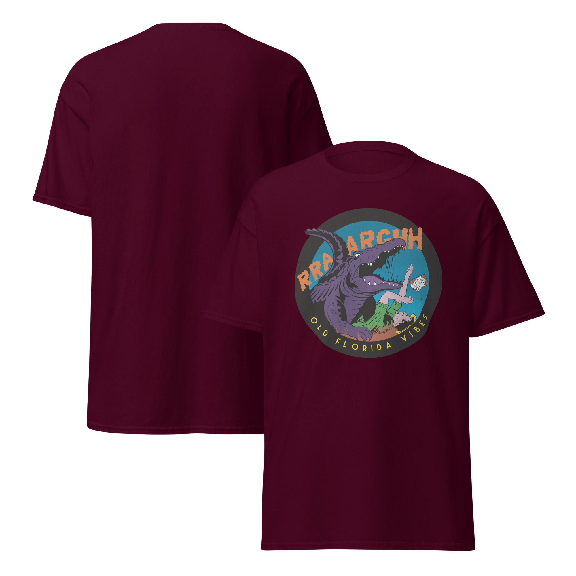 Maroon t-shirt with "Reef Arch" graphic, Florida vibes, and a cool design.