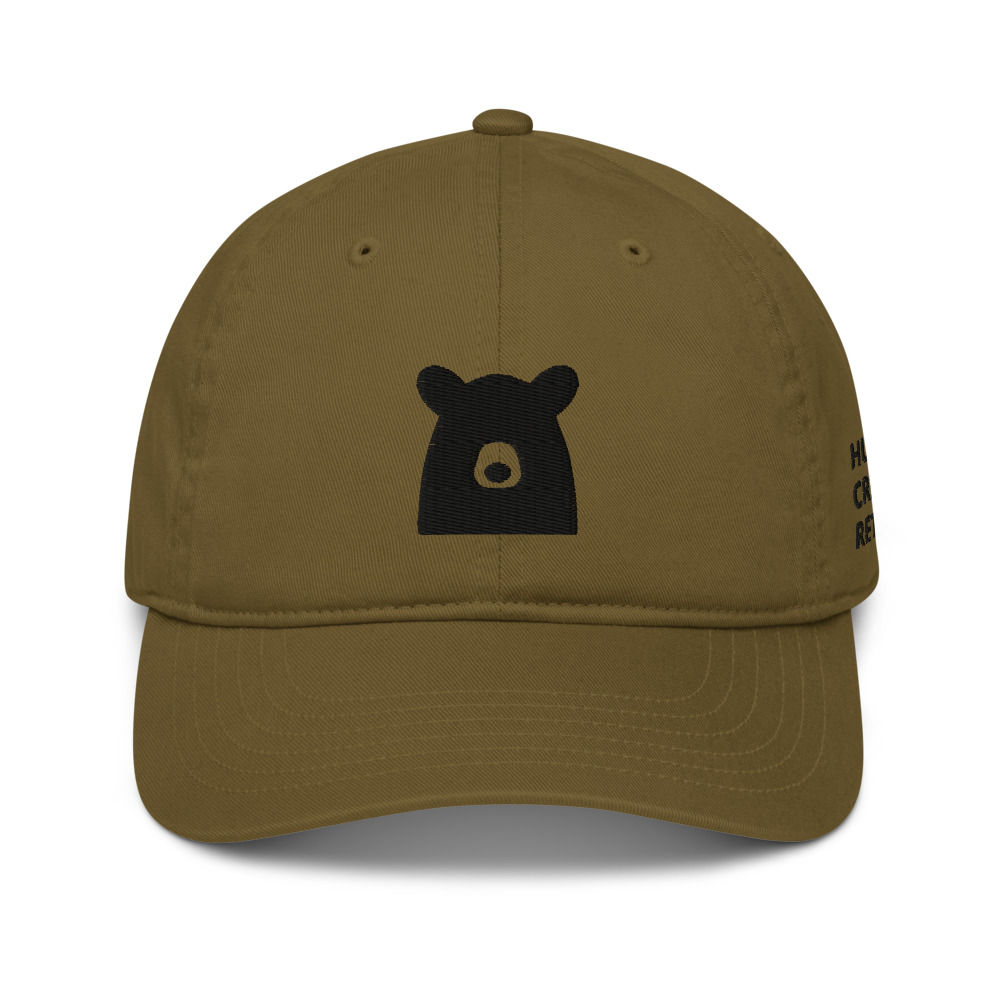 Khaki baseball cap with a black bear graphic on the front.