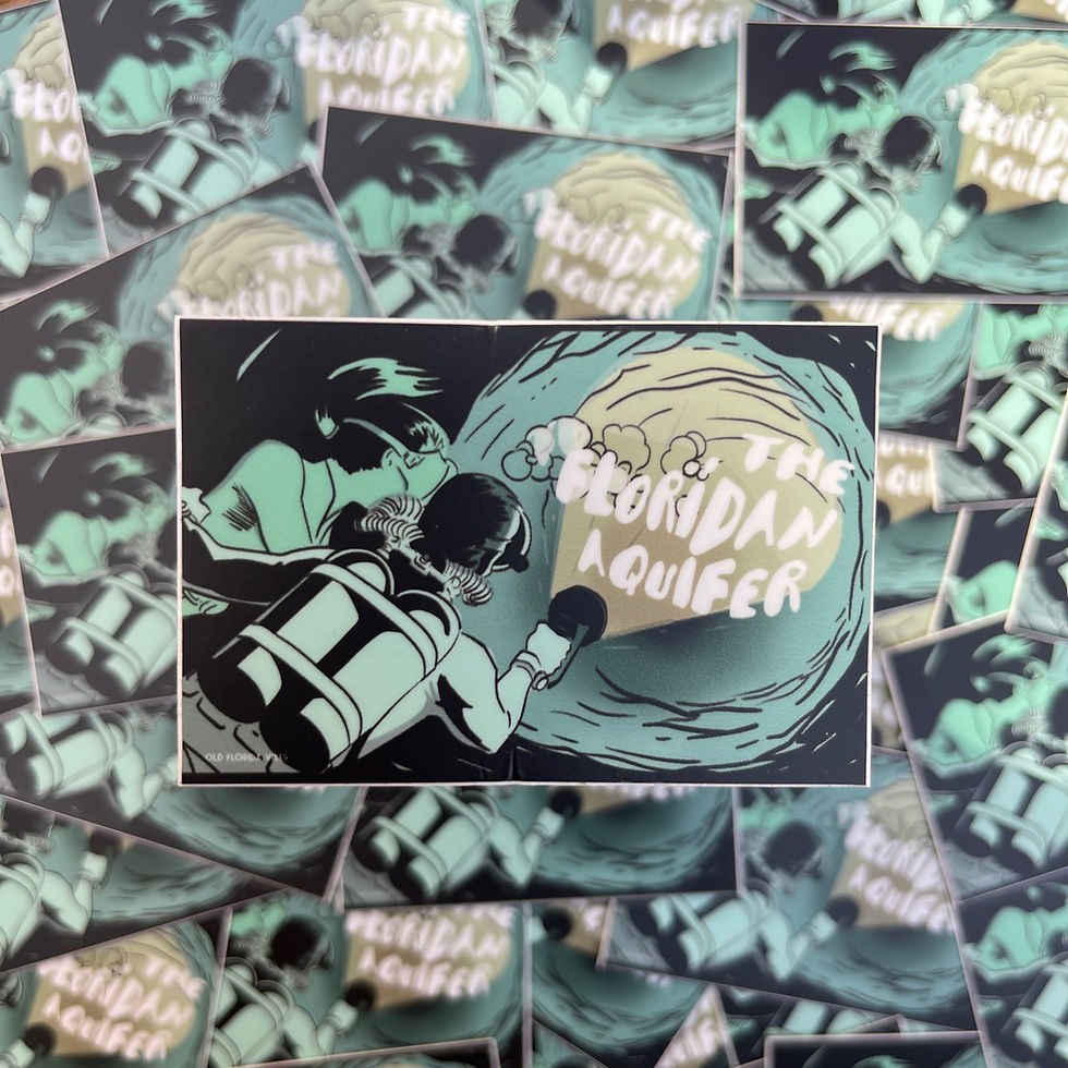 Scuba diver explores The Floridan Aquifer sticker, featuring Bongoland Sticker and dark teal art.