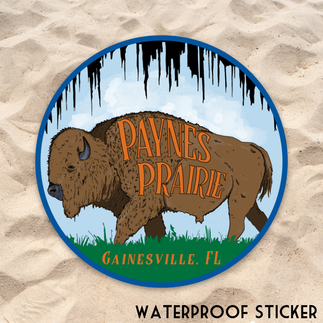 Paynes Prairie bison sticker with Gainesville, FL text on sandy background