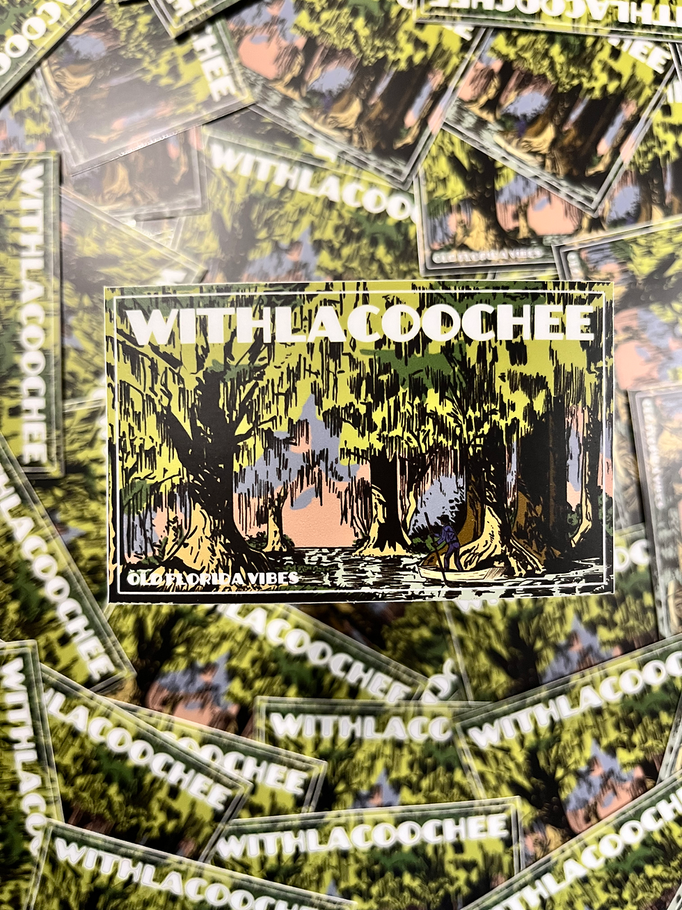 WITHLACOOCHEE sticker, an illustration of a swamp landscape, Bongoland Sticker displayed.