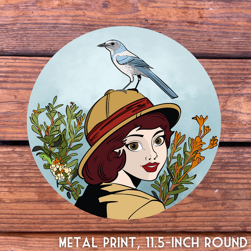 Woman with bird on hat; METAL PRINT, 11.5-INCH ROUND, botanical design on wood background.