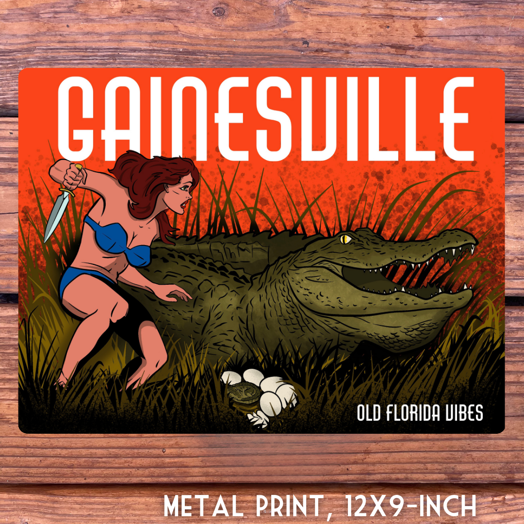 Gainesville metal print shows woman battling alligator, Old Florida Vibes. Metal Print, 12X9-inch