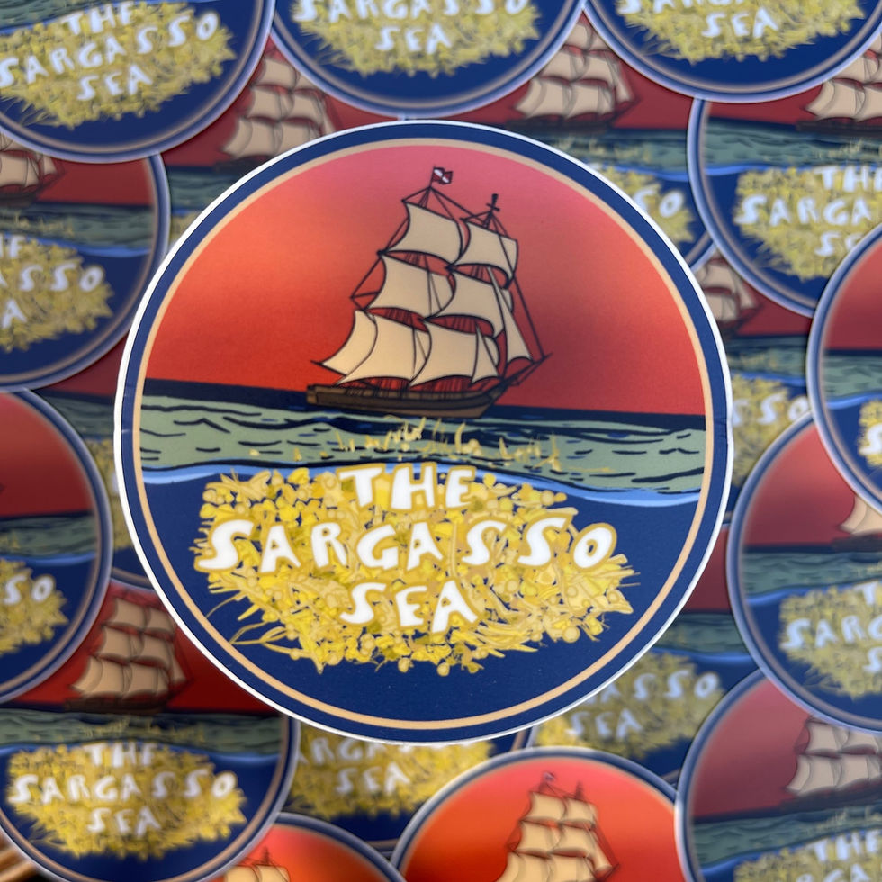 Circle sticker with ship and "THE SARGASSO SEA" text 