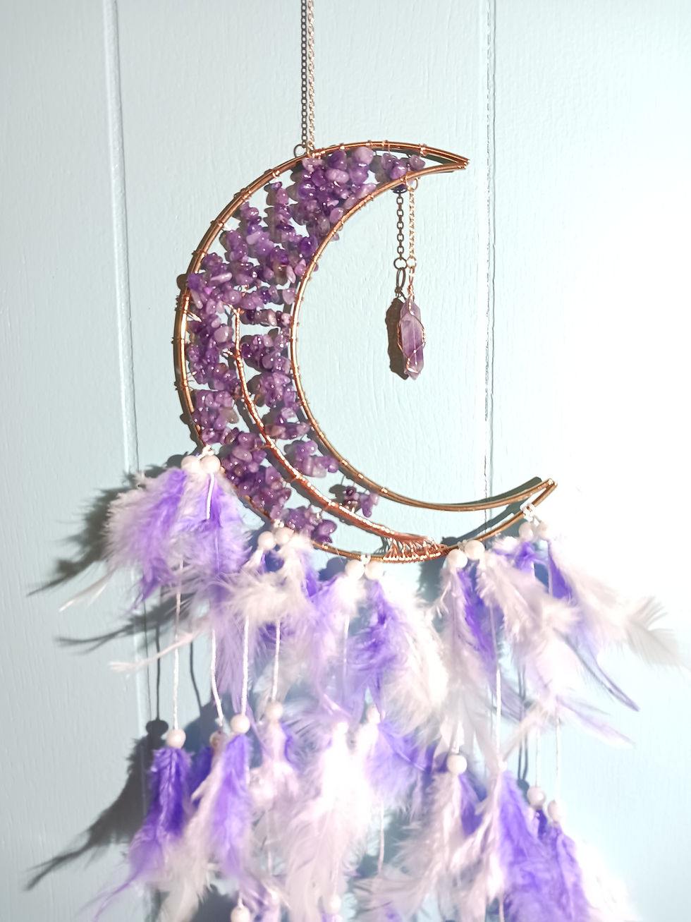 Crescent Moon-shaped Tree of Life Amethyst Dream Catcher with Purple and White Feathers